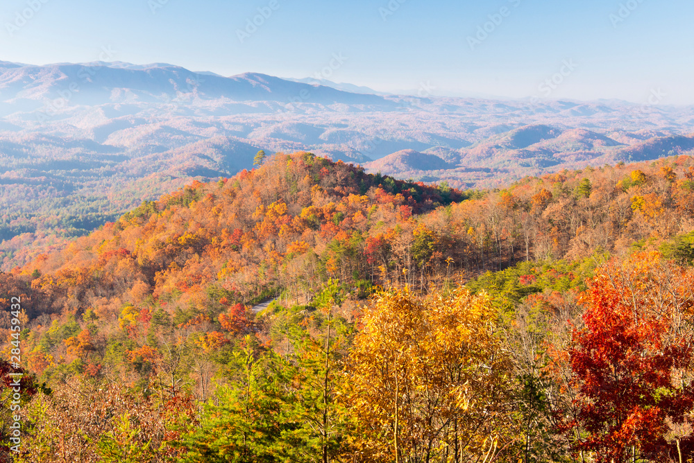Usa, Tennessee. Morning light view Smoky Mountain National Park fall color from Foothills Parkway Usa, Tennessee. Morning light view Smoky Mountain National Park fall color from Foothills Parkway