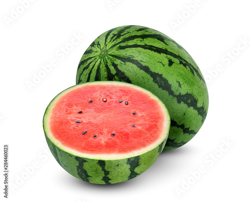 whole and half watermelon fruit isolated on white background