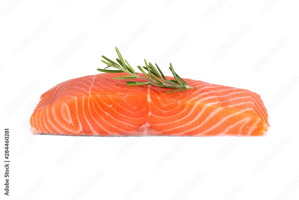 raw salmon piece with rosemary isolated on white background raw salmon piece with rosemary isolated on white background