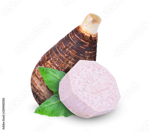 whole and half taro root with leaf isolated on white background