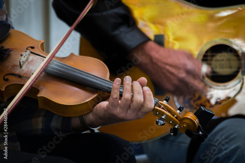 USA, Virginia, Blue Ridge Parkway. Men playing instruments at Blue Ridge Music Center. Credit as: Don Paulson / Jaynes Gallery / DanitaDelimont.com