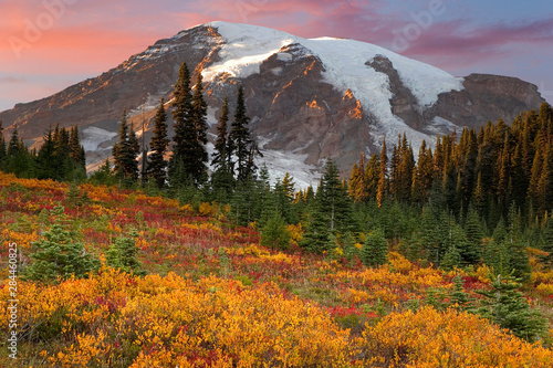 USA; Washington; Mount Rainier National Park. Sunset highlights on mountain a...