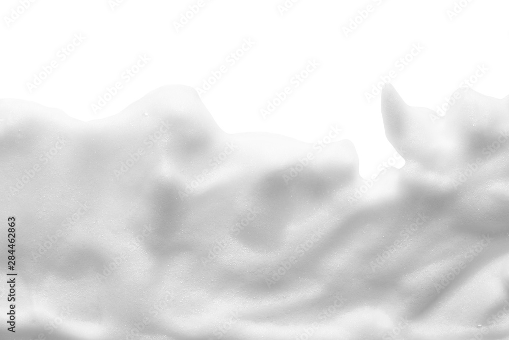 White cleanser foam texture isolated on white background. Cosmetic mousse, soap, shampoo suds - obrazy, fototapety, plakaty 