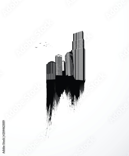Black and white vector cityscape illustration with brush strokes.