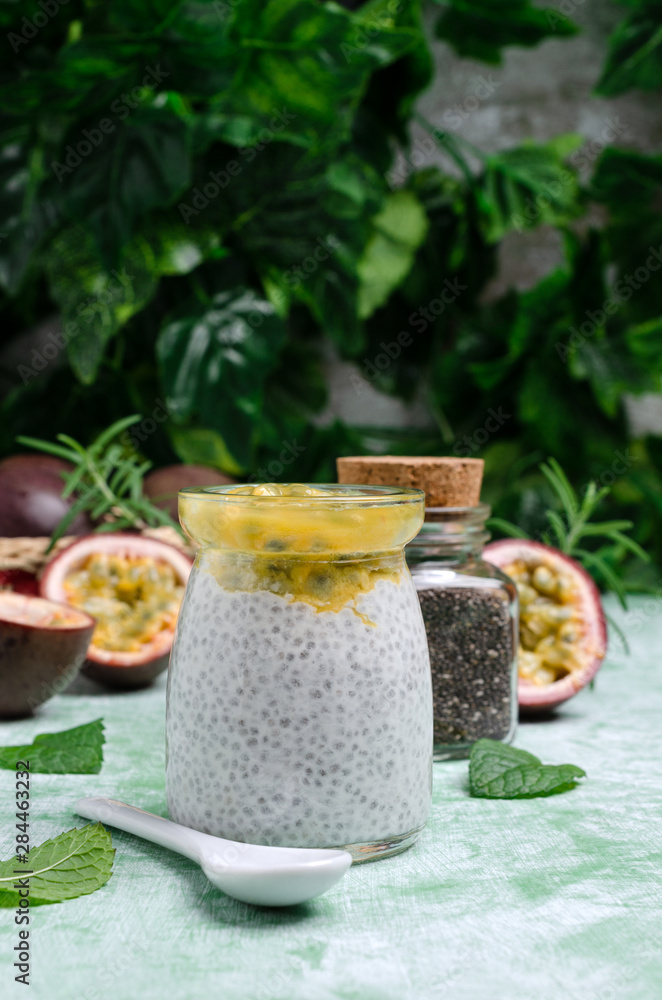 Dairy dessert with chia seeds and passion fruit Dairy dessert with chia seeds and passion fruit