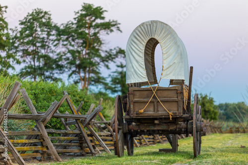 Walla Walla, Washington State. USA. Historic replica wagon along the Oregon Trail at Whitman Mission National Historic Site. photo