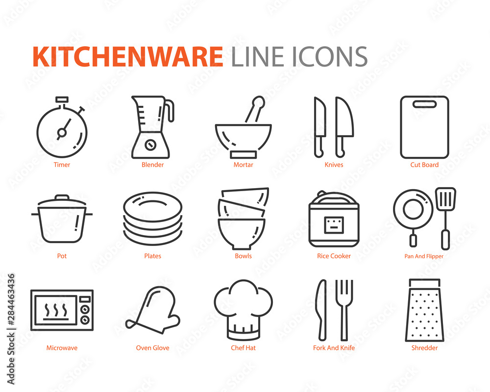 set of kitchenware icons, sucha as knife, plate, pan, bowl, spoon, pot set of kitchenware icons, sucha as knife, plate, pan, bowl, spoon, pot