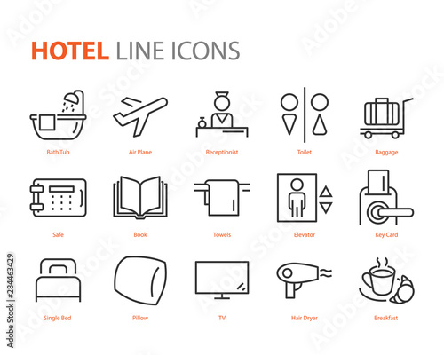 set of hotel icons, such as bed room, lobby, travel, airplane