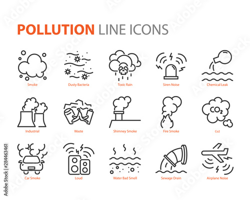 set of pollution line icons, such as dust, noise, sewage, emission