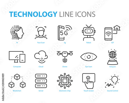 set of technology icons, 5g, ai, gesture, robot, iot