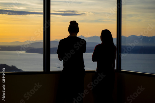 USA, Washington State, Seattle. View to the west of Puget Sound and Olympic Mountains from the Sky View Observatory on the 73rd floor of the Columbia Center in downtown Seattle.