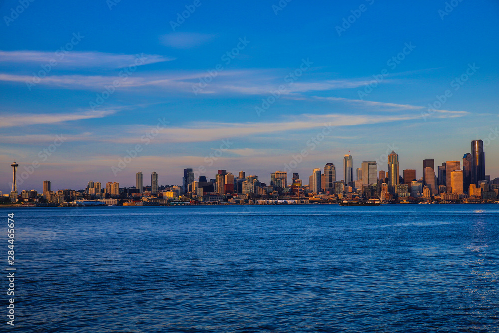 West Seattle, Alki Point. Washington State. Seattle Space Needle and the city skyscrapers seen from West Seattle