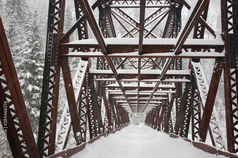 USA, Washington, Leavenworth. Snow-covered Pipeline Bridge superstructure. 