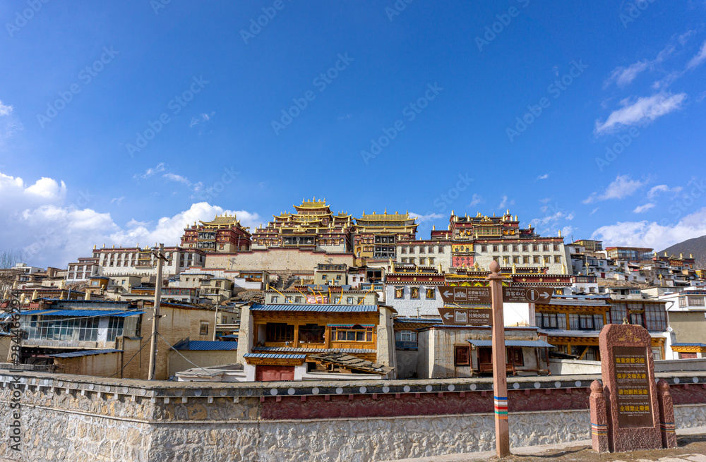 Shangri-la, Yunnan, China, Febuary 25 2016 : The Tibet traditional architecture Characteristics of Songzanlin Monastery is the largest Tibetan Buddhism monastery in Zhongdian or Shangri la