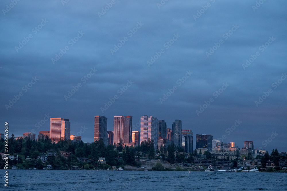 USA, Washington State, Bellevue. Skyline from Lake Washington.