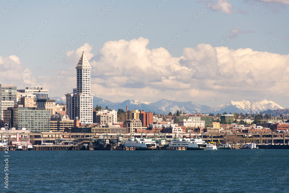 US, WA, Seattle waterfront, ferry terminal, Smith Tower Cascade Mountains