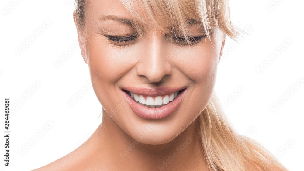 Woman laugh. Photo on white background. Close up view.