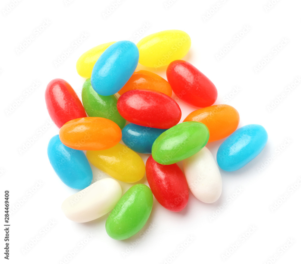 Pile of tasty bright jelly beans isolated on white, top view Pile of tasty bright jelly beans isolated on white, top view