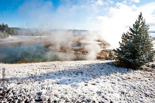 USA  Wyoming  Yellowstone National Park. Winter arrives at West Thumb Geyser Basin