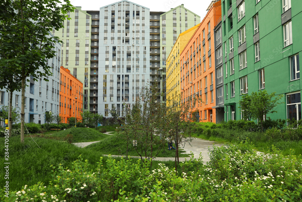 KYIV, UKRAINE - MAY 21, 2019: Modern housing estate COMFORT TOWN in Dniprovskyi district on sunny day