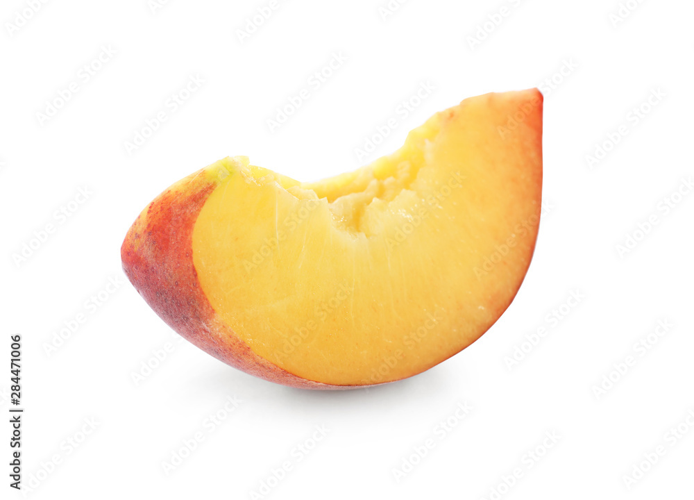 Slice of sweet juicy peach on white background Slice of sweet juicy peach on white background