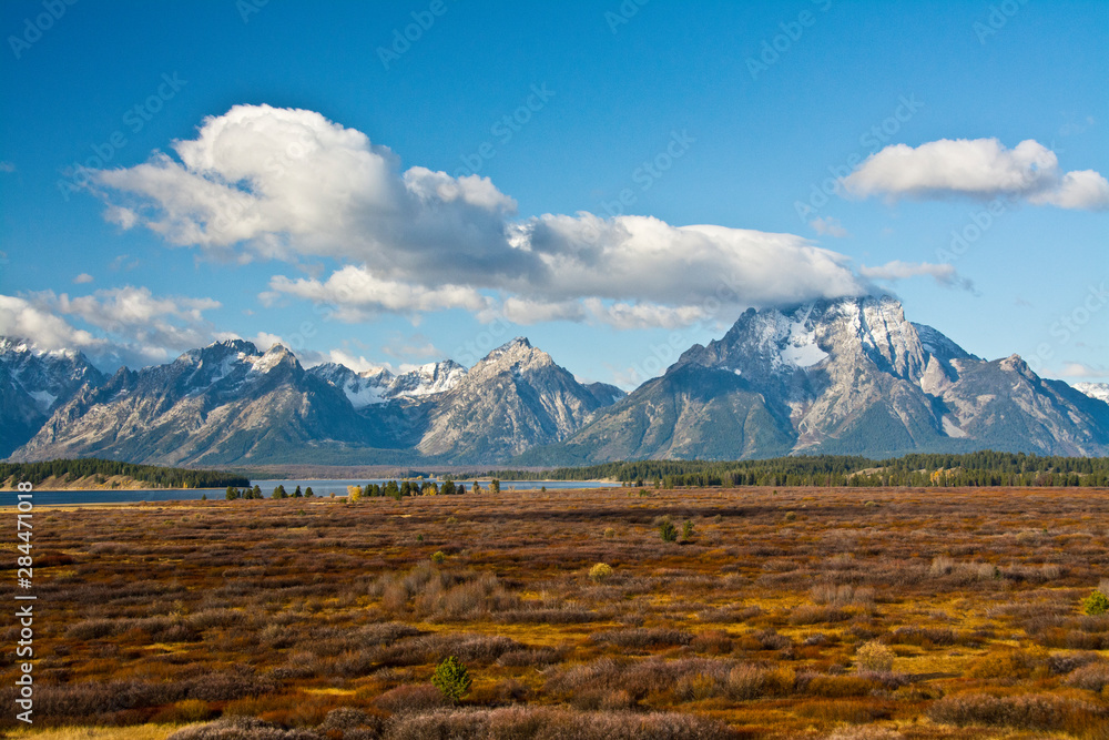 Grand Tetons, autumn, Jackson Lake, from Jackson Lake Lodge, Grand Teton National Park, Wyoming, USA