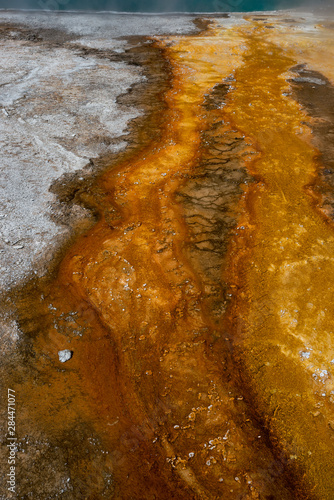 USA, Wyoming. Colorful thermophile design run-off from Black Pool, West Thumb Geyser Area, Yellowstone National Park.
