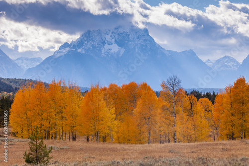 USA, Wyoming, Grand Teton National Park, Mt. Moran and Oxbow Bend in Fall colors