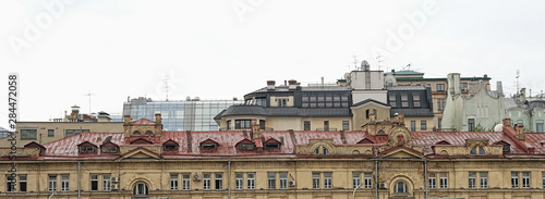 Old city building, panorama. Urban landscape of city of Moscow. districts with retro buildings of Moscow City. urban cityscape panorama view of roofs of old and new buildings. soft selective focus