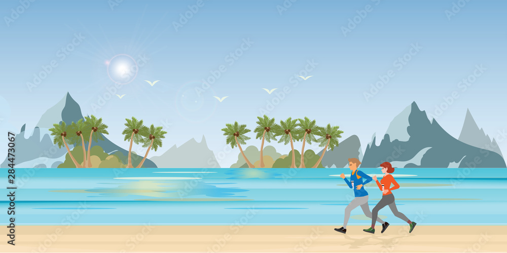 Couple running on beachl andscape background.