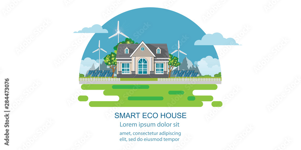 Naklejka premium Eco house with solar panel and wind power.