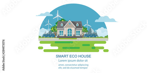 Eco house with solar panel and wind power.