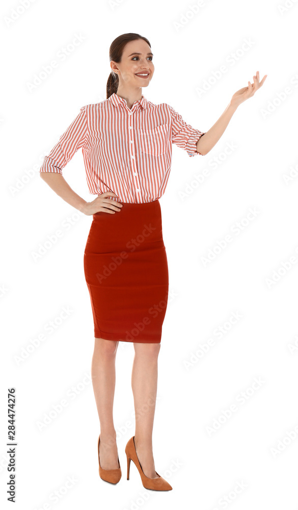 Professional business trainer showing at something on white background Professional business trainer showing at something on white background