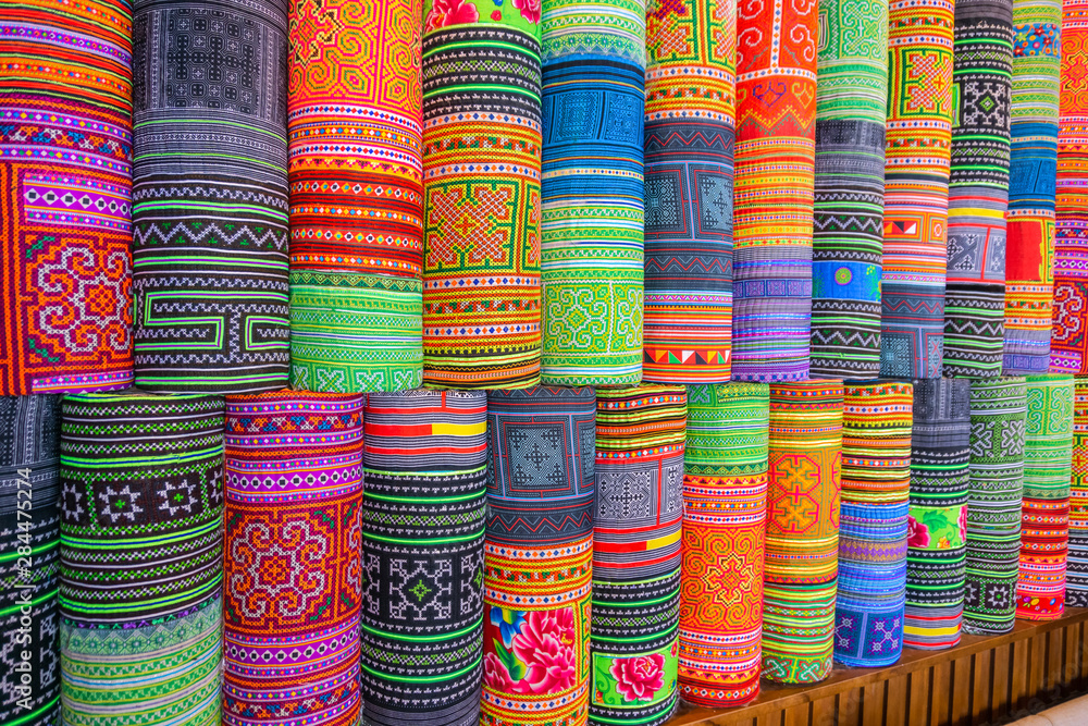 Handicrafts embroidered cloth with traditional pattern of ethnic minority Hmong in Vietnam - obrazy, fototapety, plakaty 