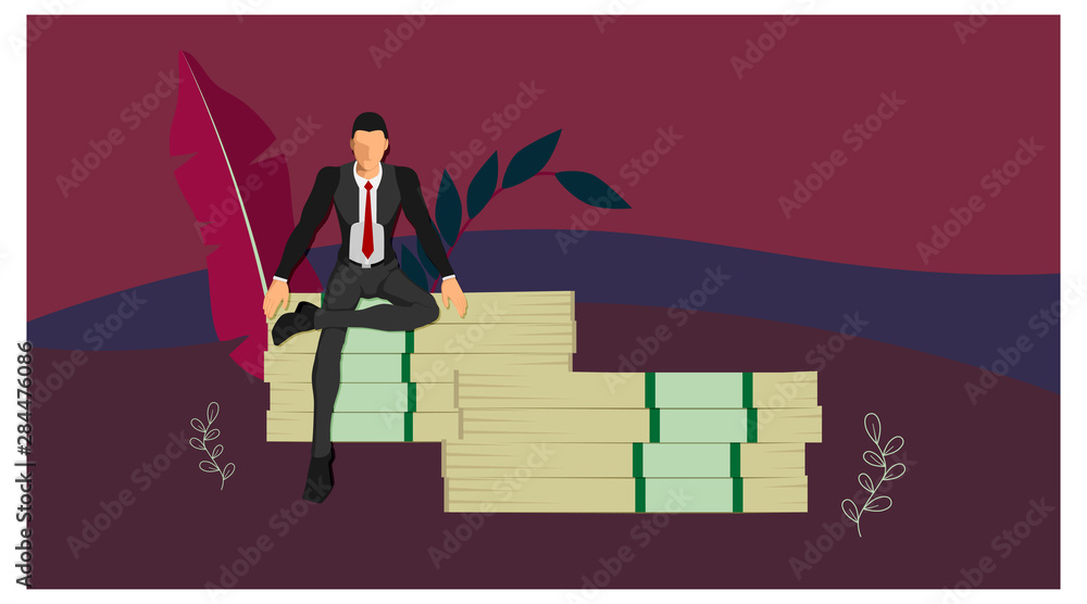 a businessman sitting on a giant pile of money with a pose of a rich ...