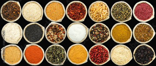The texture of spices. Seasoning panel. View from above. Seasoning in the bag.