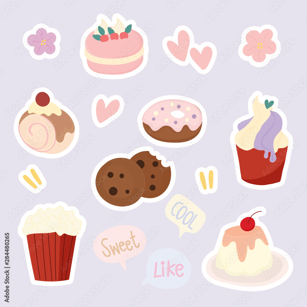 Set of cute dessert, fun fruit stickers ,colorful badges design vector. Set of cute dessert, fun fruit stickers ,colorful badges design vector.