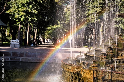 The main fountain of Stefan cel Mare with rainbow at Central Park.Chisinau.Moldova