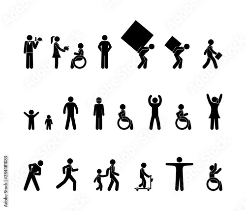 icons of people in various situations, stick figure man, pictogram human silhouettes