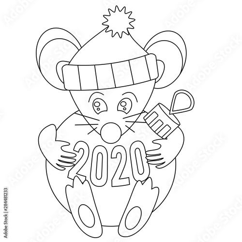 Coloring Page Children. Cute christmas mouse rat in santa hat holds and hugs ball in cartoon style. Vector illustration  black white outline. Winters coloring book for kids. Happy Chinese New year.