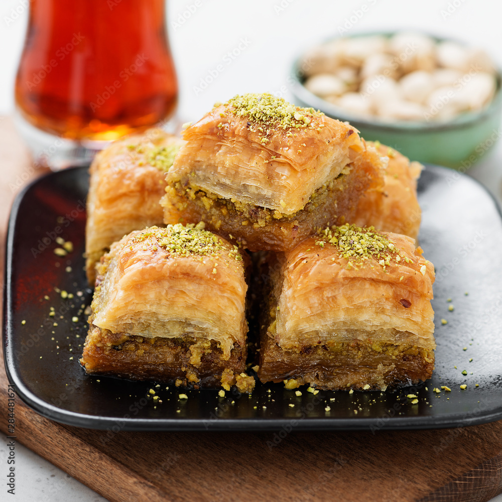 Baklava with pistachio, Turkish traditional dessert. Baklava with pistachio, Turkish traditional dessert.