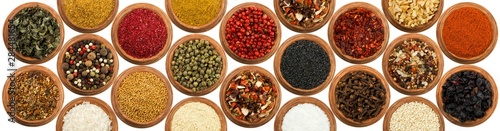 The texture of spices. Seasoning panel. View from above. Seasoning in cups.