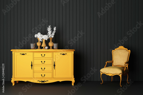 Fototapeta Naklejka Na Ścianę i Meble -  Console, yellow cabinets and decorations above with yellow armchair. 3d rendering