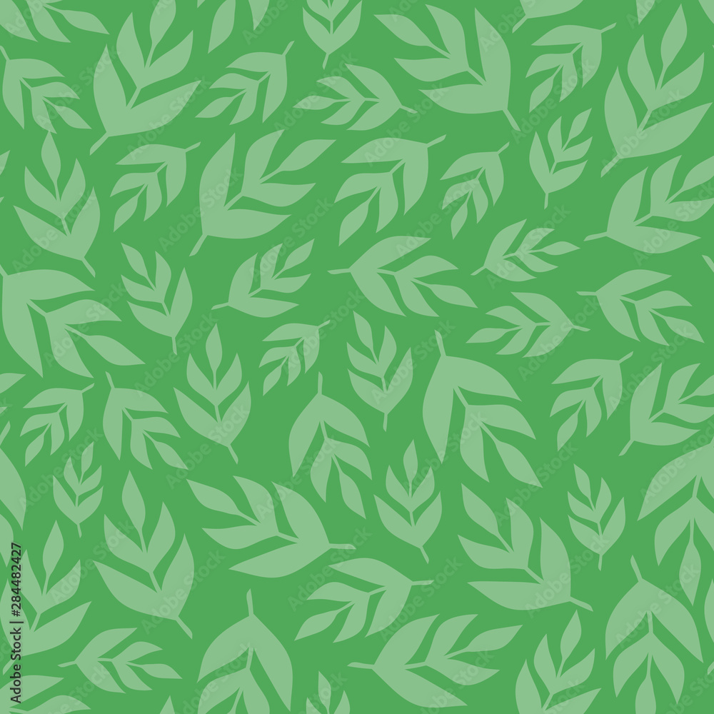 Naklejka premium Tossed green leaf seamless pattern. A vector foliage repeat design background.