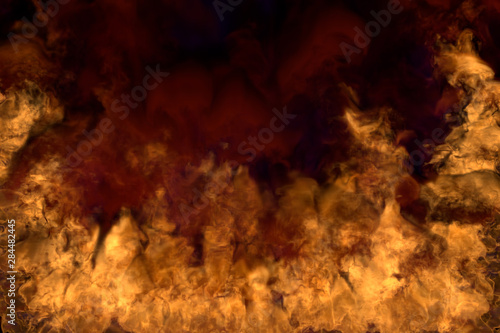 Flames from both image corners and bottom - fire 3D illustration of burning fireplace, half frame with scary dark smoke isolated on black background