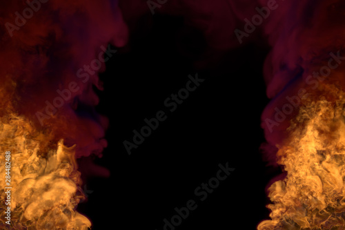 fantasy burning hell on black, frame with dark smoke - fire from the left and right corners - fire 3D illustration