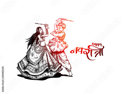 Celebrate navratri festival with dancing garba men & woman design vector, Hand Drawn Vector illustration.