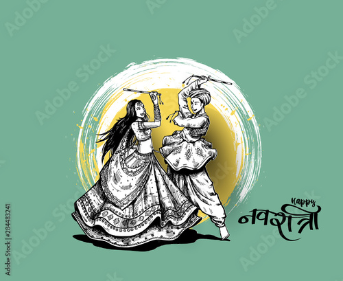 Celebrate navratri festival with dancing garba men & woman design vector, Hand Drawn Vector illustration.
