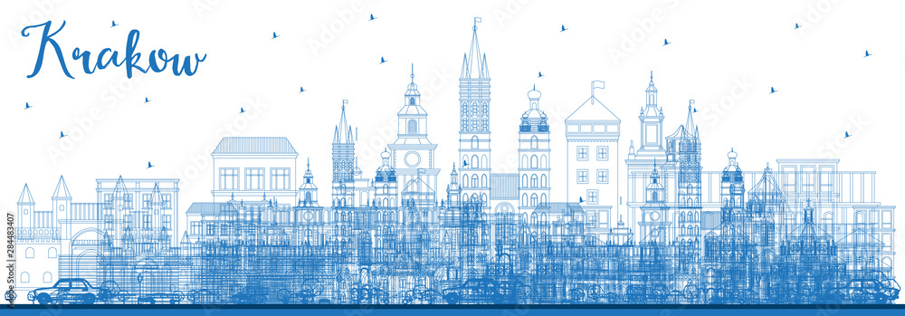 Outline Krakow Poland City Skyline with Blue Buildings.