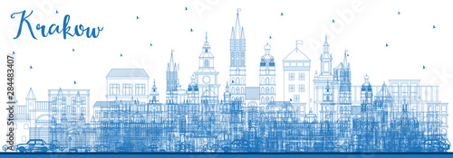 Outline Krakow Poland City Skyline with Blue Buildings.